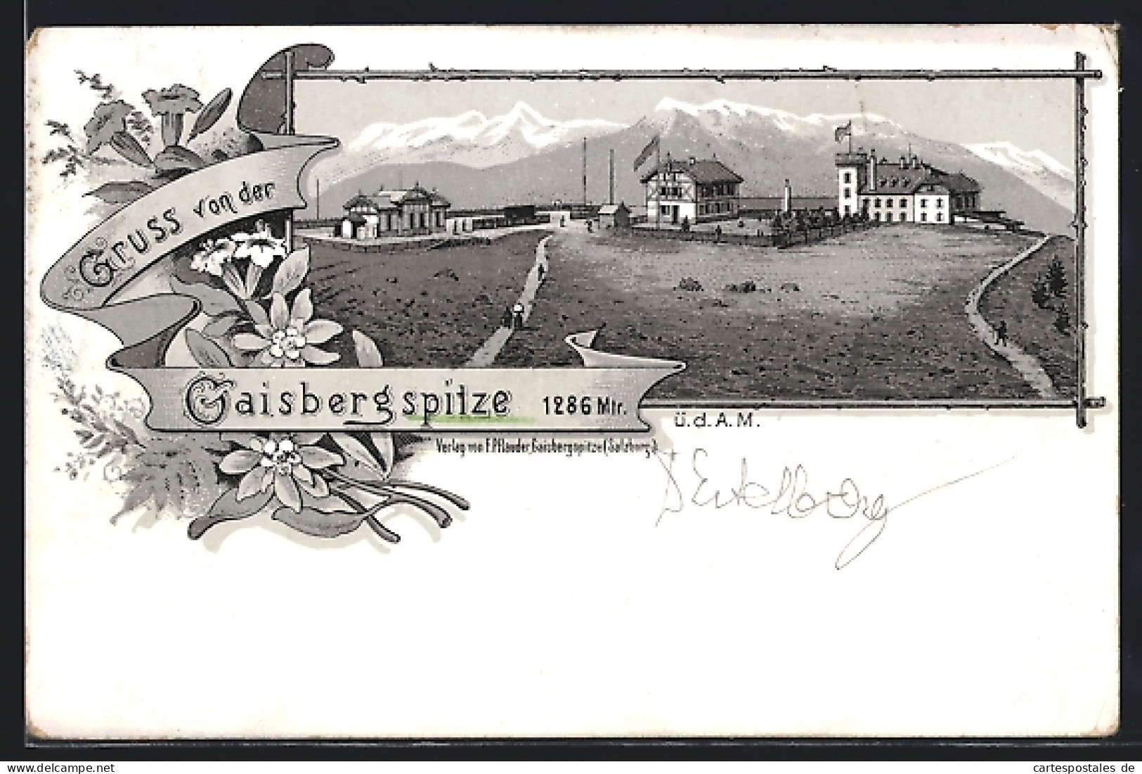 Lithographie Gaisbergspitze, Ortsansicht Mit Bergpanorama  - Otros & Sin Clasificación