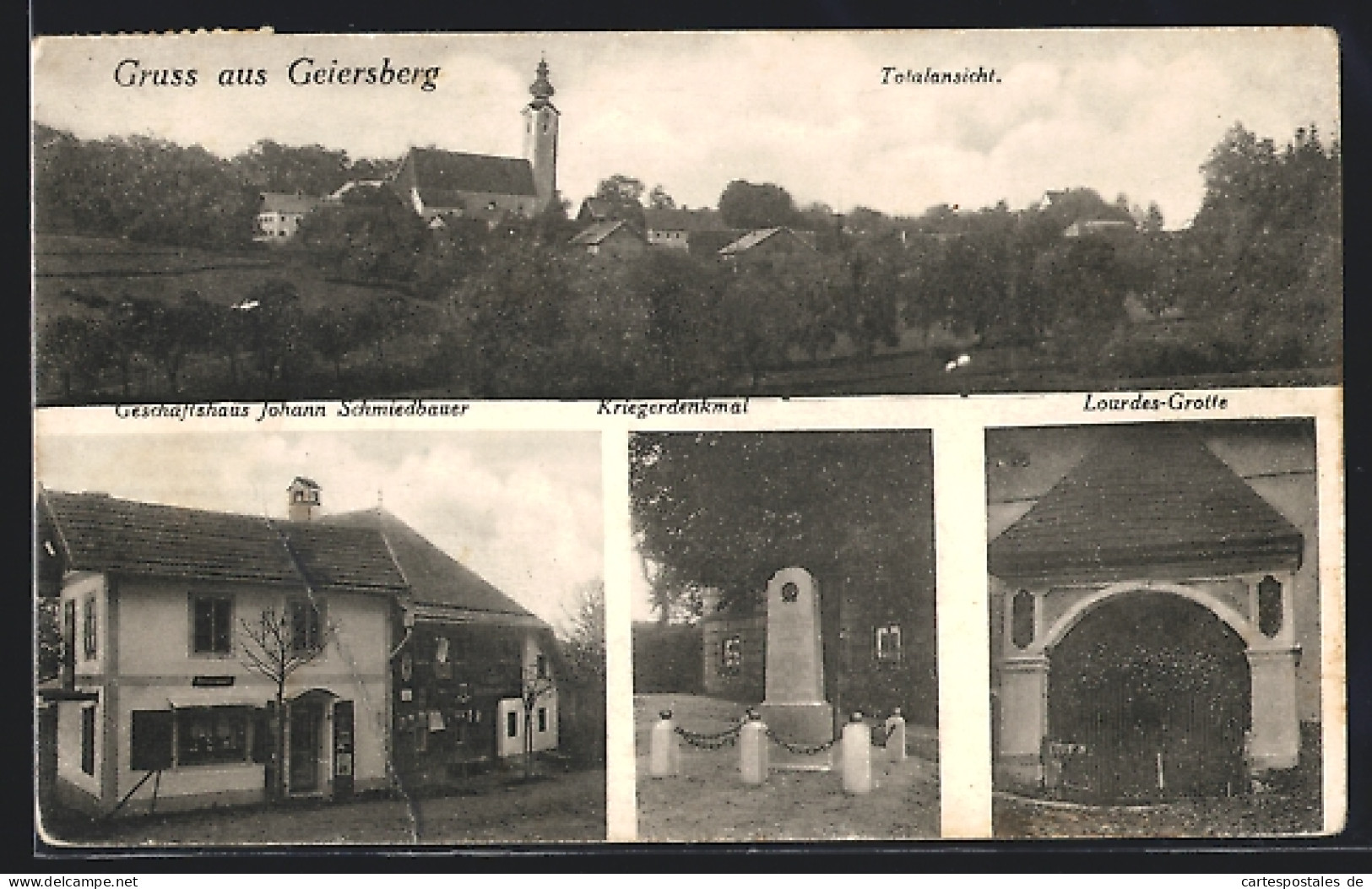 AK Geiersberg, Geschäftshaus Johann Schmiedbauer, Kriegerdenkmal, Totalansicht  - Otros & Sin Clasificación