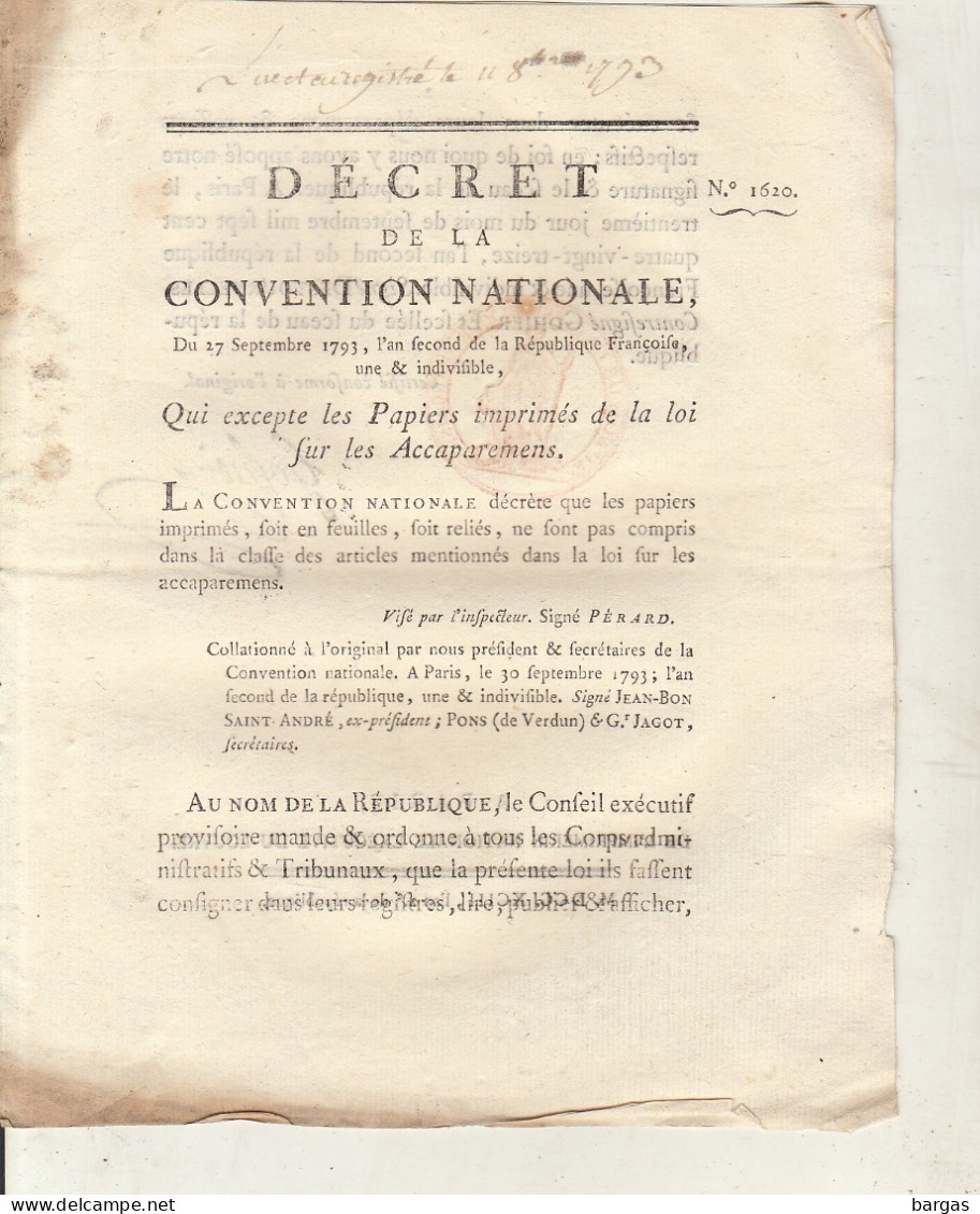 DECRET DE LA CONVENTION NATIONALE : Loi Sur Les Accaparements - Décrets & Lois