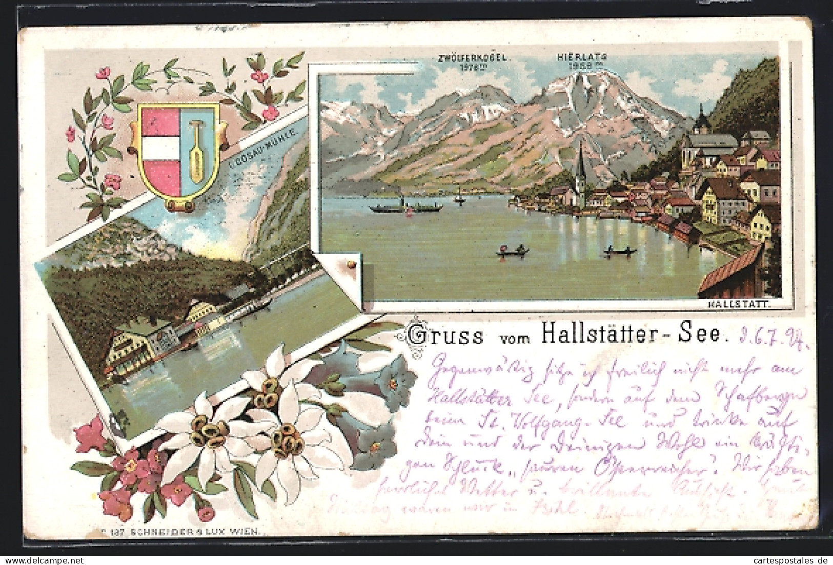 Lithographie Hallstatt, Ortsansicht Mit See, Zwölferkogel Und Hierlats, Wappen, Gosau-Mühle, Blumen  - Otros & Sin Clasificación