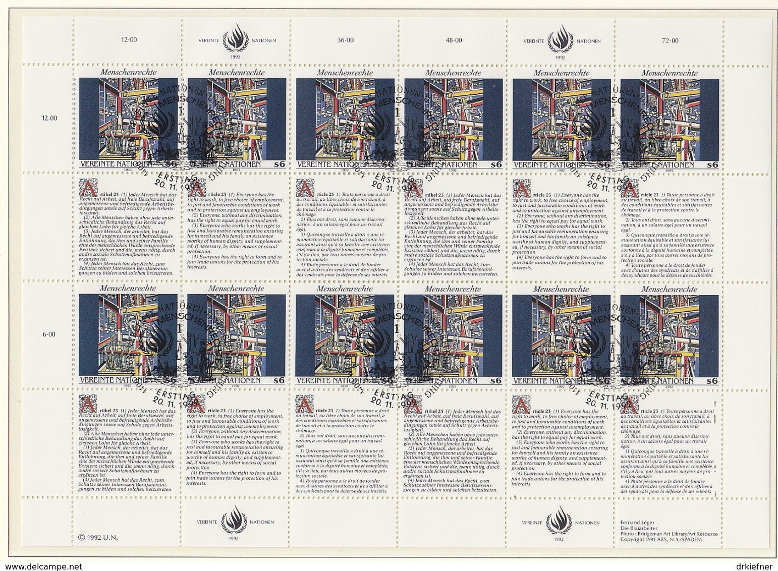 UNO WIEN 139-140, 2 Kleinbogen (6x2), Gestempelt, Menschenrechte, 1992 - Blocks & Sheetlets