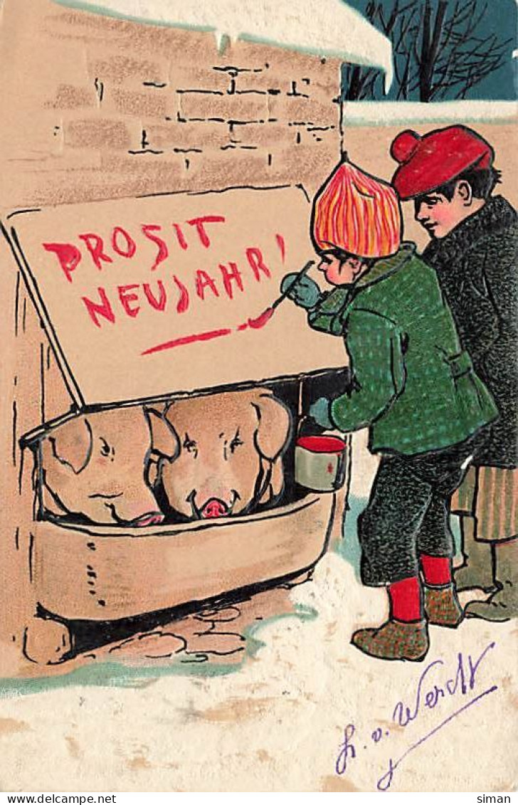 N°25064 - Carte Gaufrée - Prosit Neujahr - Garçon Peignant Sur L'abri De Cochons - Neujahr