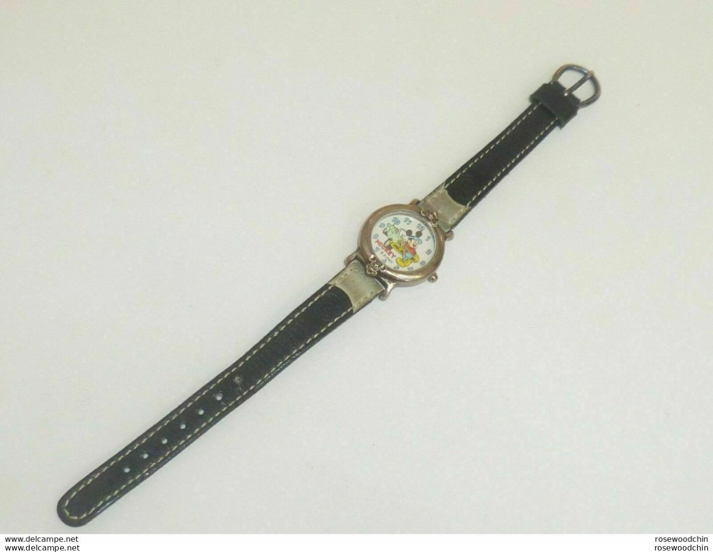 Vintage !! 90s' Disney Mickey Mouse Watch With Leather Strap - Watches: Old