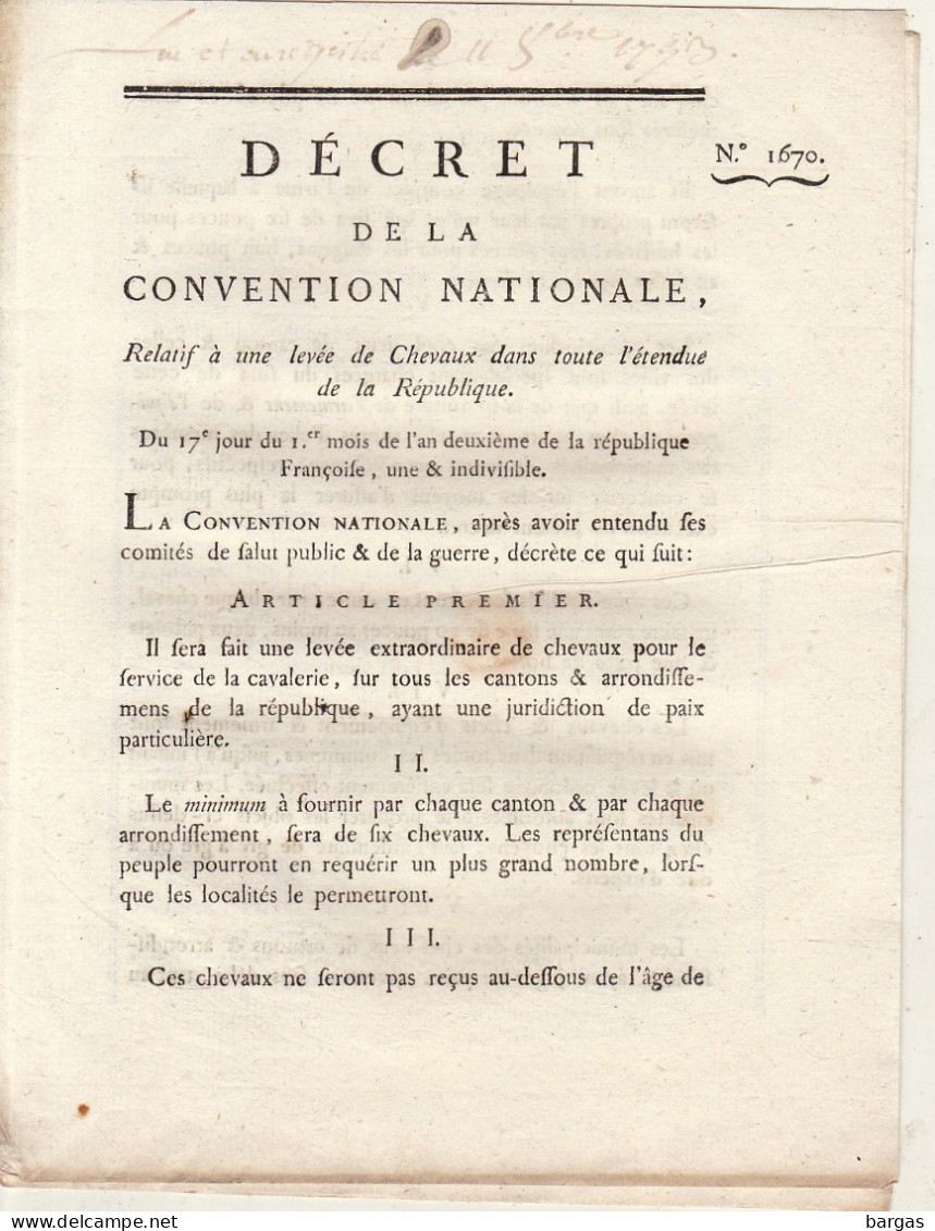 DECRET DE LA CONVENTION NATIONALE : Levée De Chevaux Dans Toute La République - Décrets & Lois