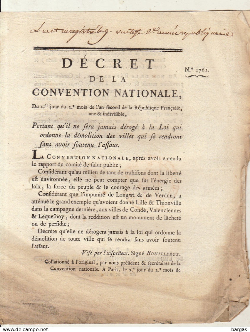 DECRET DE LA CONVENTION NATIONALE : Demolition Des Villes Qui Se Rendront Sans Avoir Soutenu L'assaut - Decrees & Laws