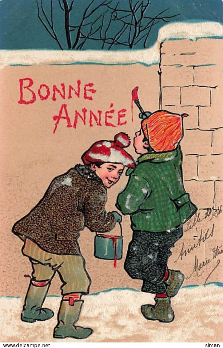 N°25066 - Carte Gaufrée - Bonne Année - Garçons Peignant Sur Un Mur - Neujahr