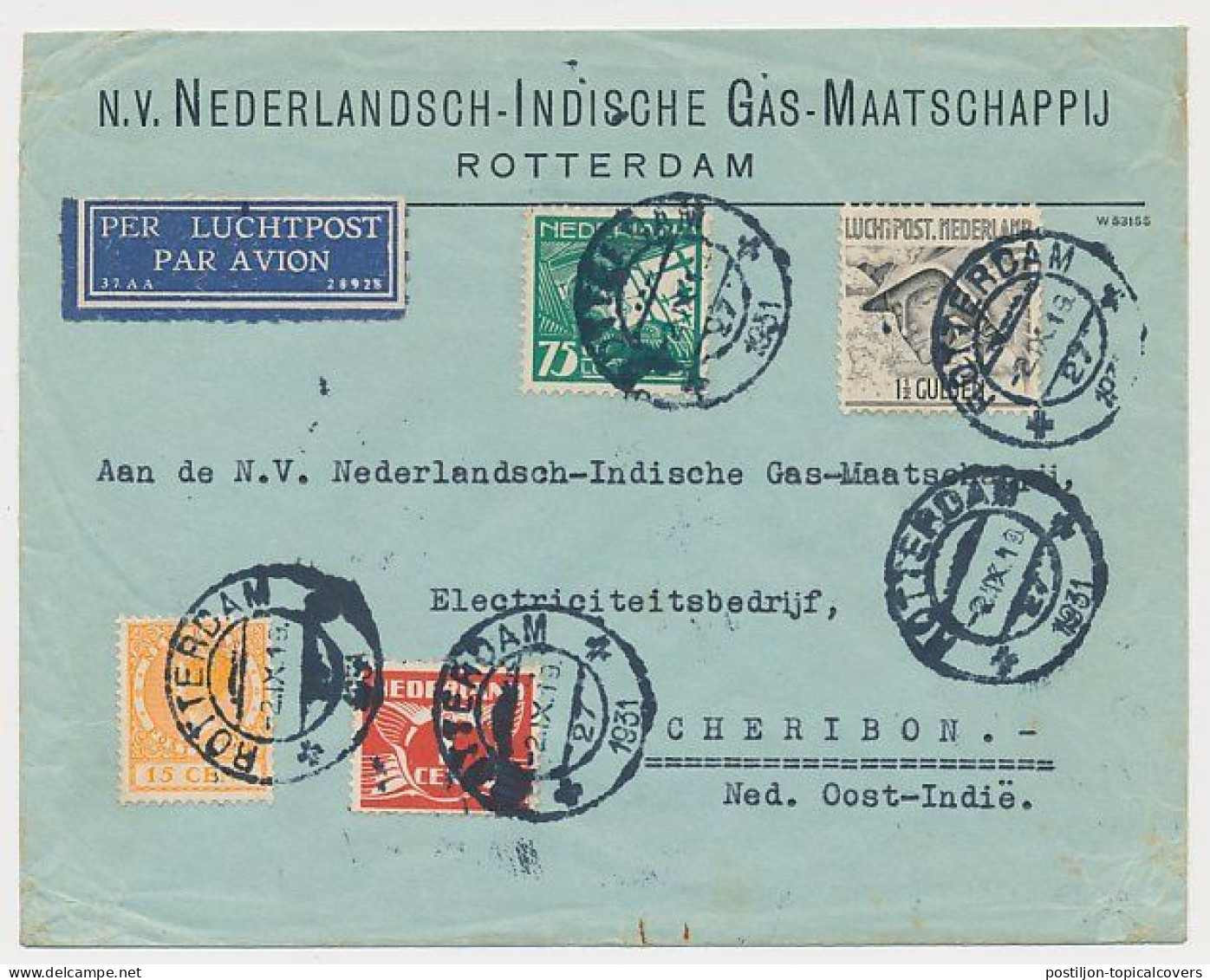 Em. Luchtpost Mercurius Rotterdam - Cheribon Nederlands Indie 1931 - Briefe U. Dokumente