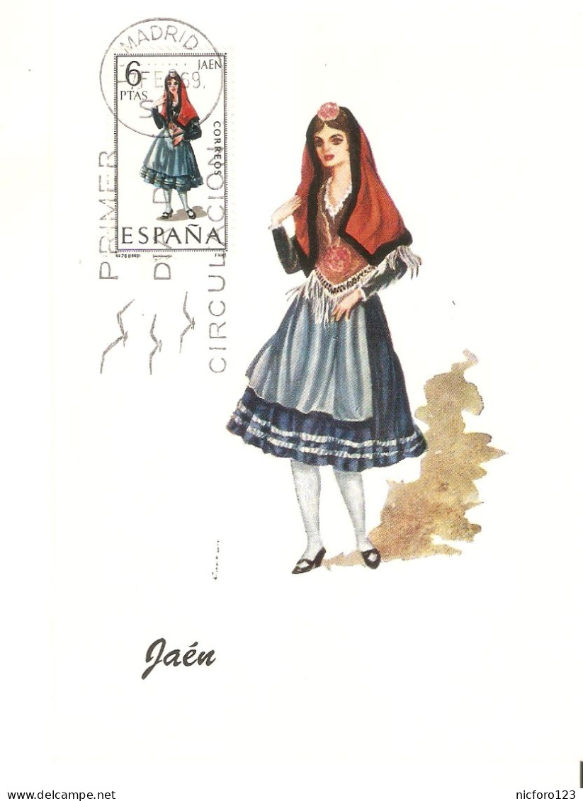 Lot of twelve (12)) Spanish regional costumes postcards with first day of circulation stamped stamps