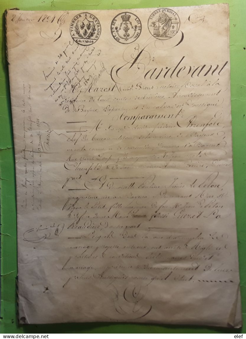 Acte Notarié Sur Parchemin De Notaire , Calvados Communes Bayeux Courseulles,Tour ,Russy, 8 Pages , Cachets Divers 1841 - Collections