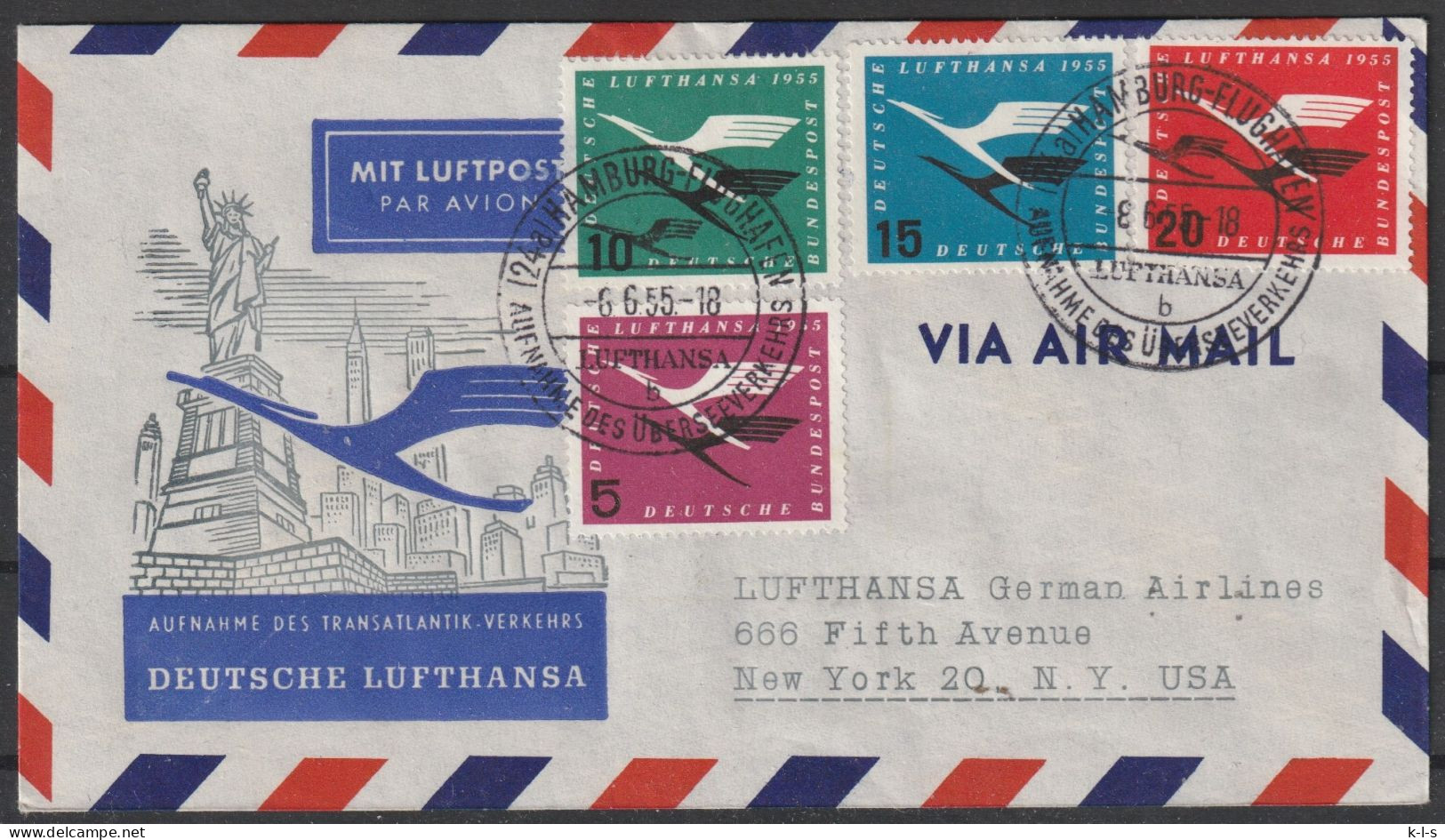 BRD: 1955, LuPo- Fernbrief In MiF, Mi. Nr. 205-08, Nach New York, SoStpl. HAMBURG-FLUGHAFEN / AUFHAHME ÜBERSEEVERKER. - Premiers Vols