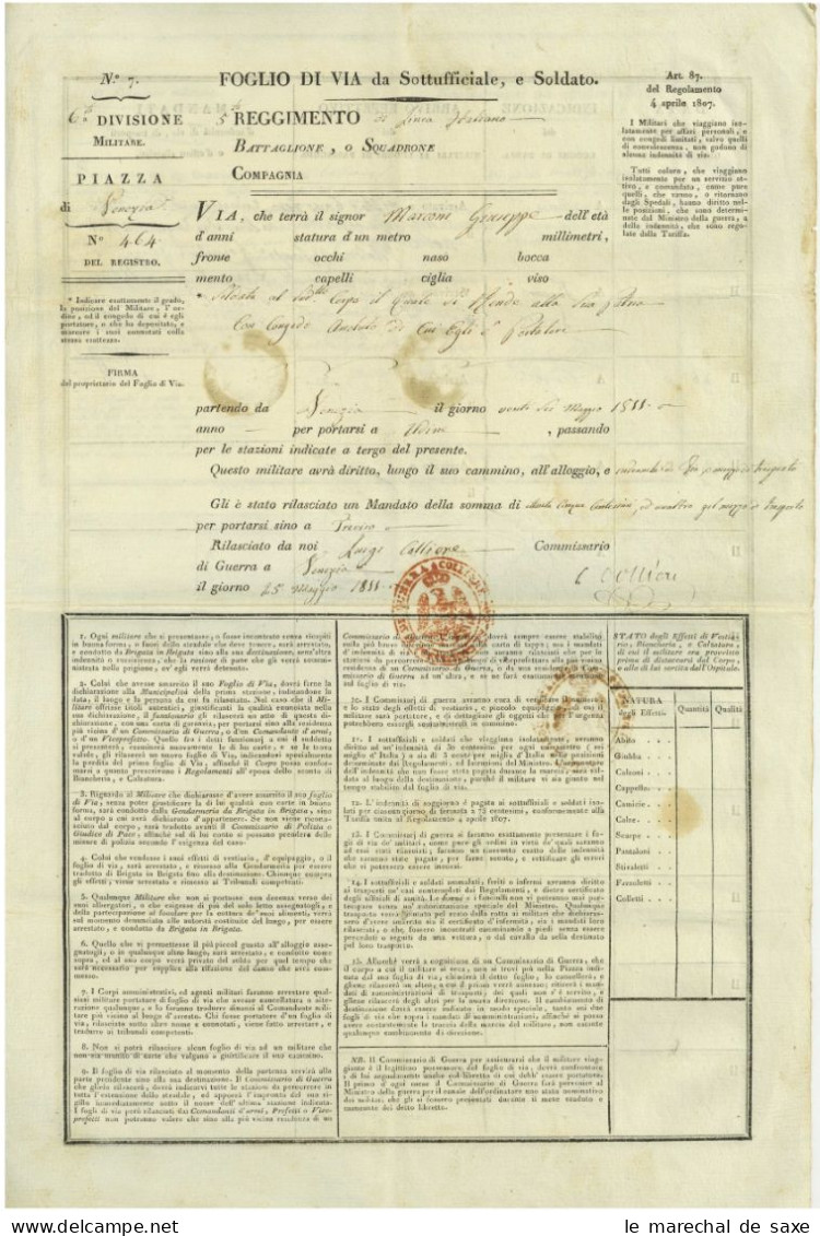 5 Reggimento Di Linea Italiano Venezia Venedig 1811 Foglio Di Via Feuille De Route Mestre Treviso Udine Conegliano Etc - Historische Dokumente