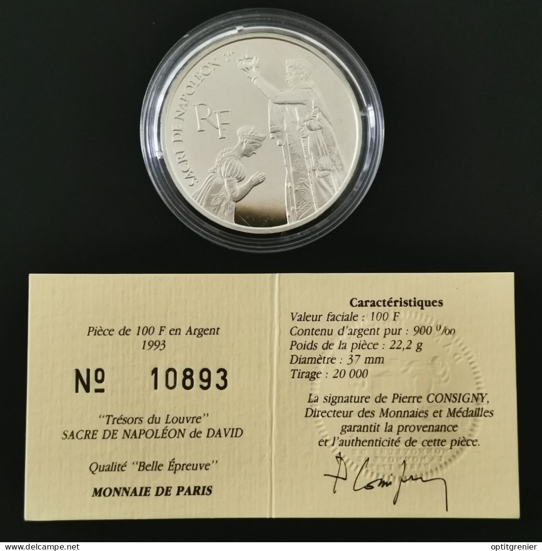 100 FRANCS ARGENT BE 1993 LOUVRE LE SACRE DE NAPOLEON FRANCE / SANS COFFRET / PROOF SILVER - 100 Francs