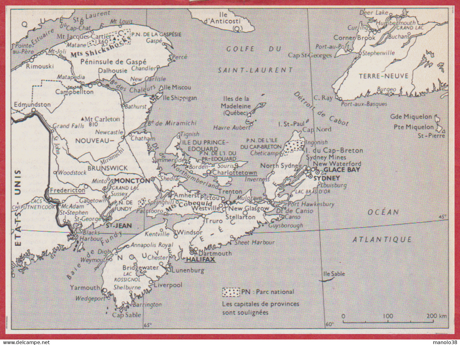 Canada. Provinces Maritimes. Nouveau Brunswick, Nouvelle Ecosse. Carte Avec Parc National. Larousse 1960. - Historische Documenten
