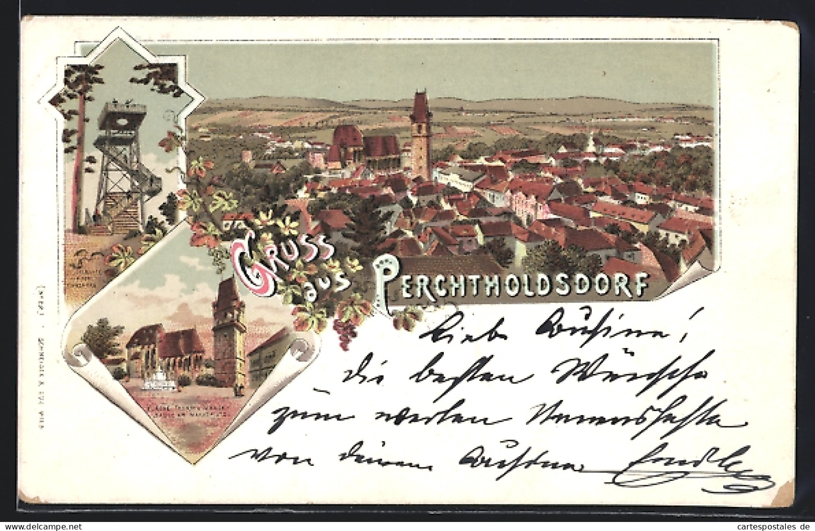 Lithographie Perchtoldsdorf, Marktplatz Mit Kirche, Turm U. Mariensäule, Ortsansicht Aus Der Vogelschau  - Autres & Non Classés