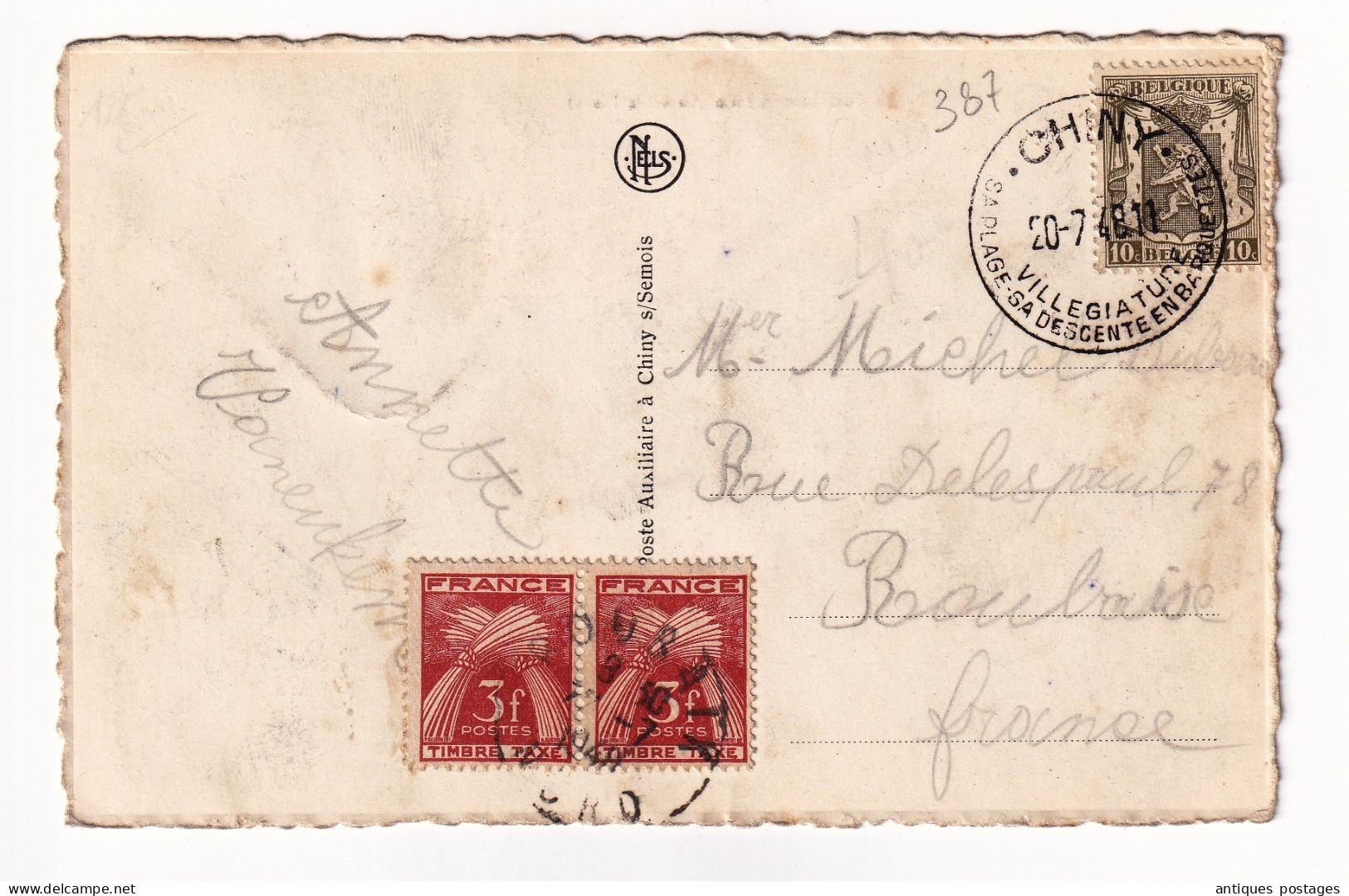 Carte Postale 1948 CHINY Belgique  Paire De Timbres Taxe France - Briefe U. Dokumente