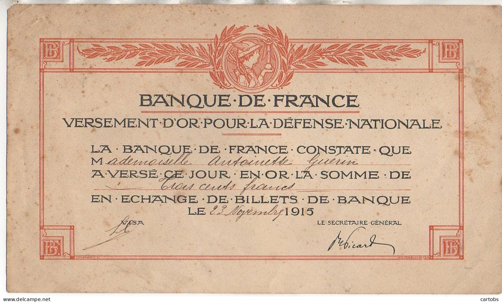 BANQUE De FRANCE  Versement D'Or Pour La Défense Nationale - Autres & Non Classés