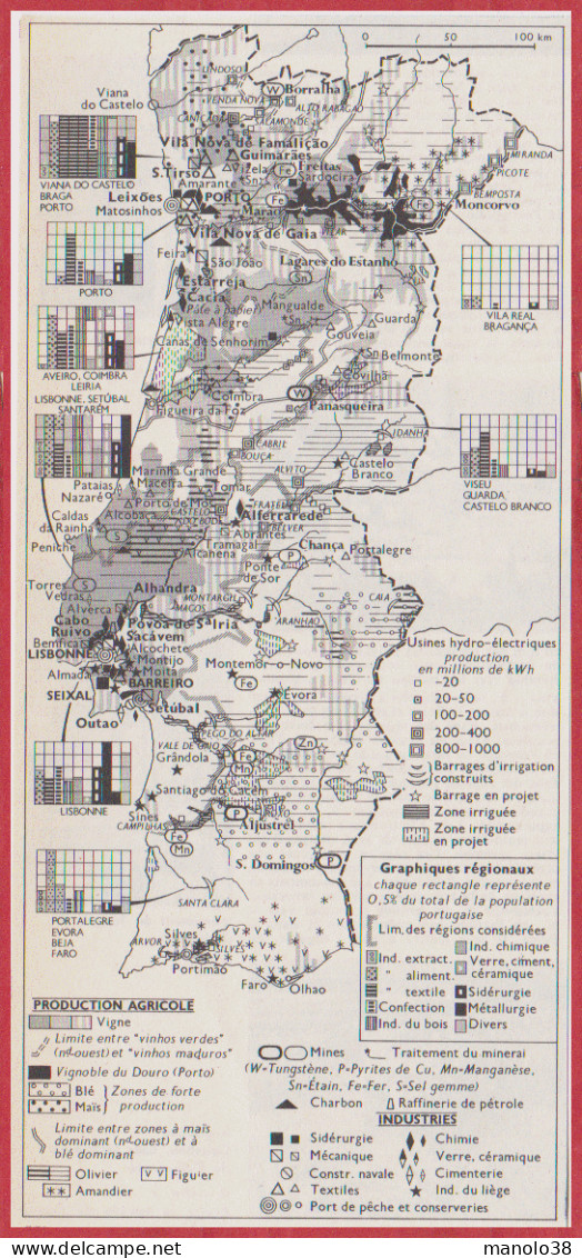 Portugal. Carte économique. Production Agricole, Usines Hydroélectriques, Industries, Population ... Larousse 1960. - Documenti Storici