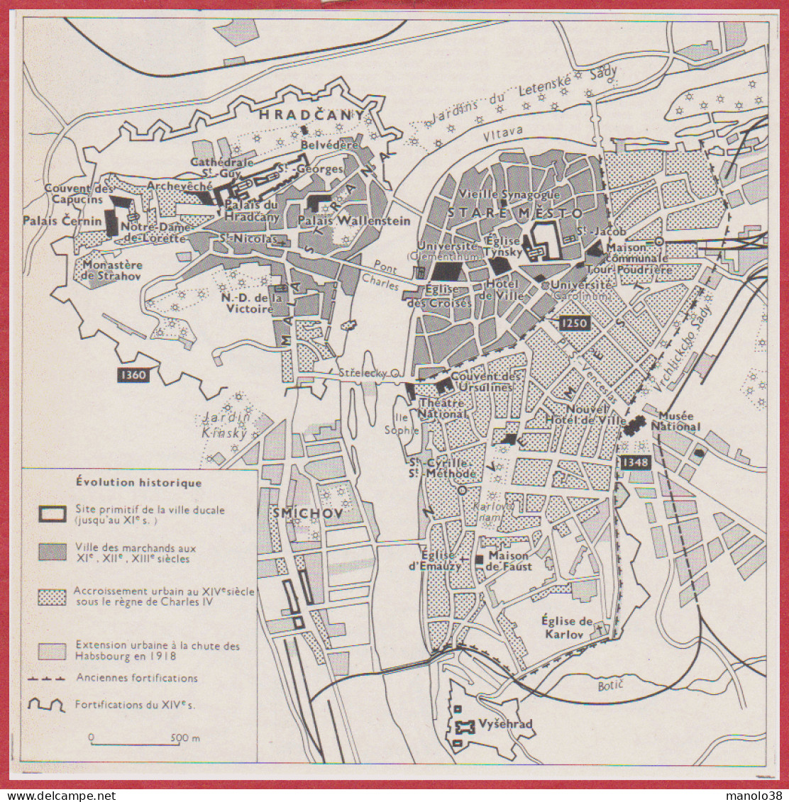 Plan Du Centre De Prague Des Origines à La Chute Des Habsbourg. République Tchèque. Larousse 1960. - Historische Dokumente