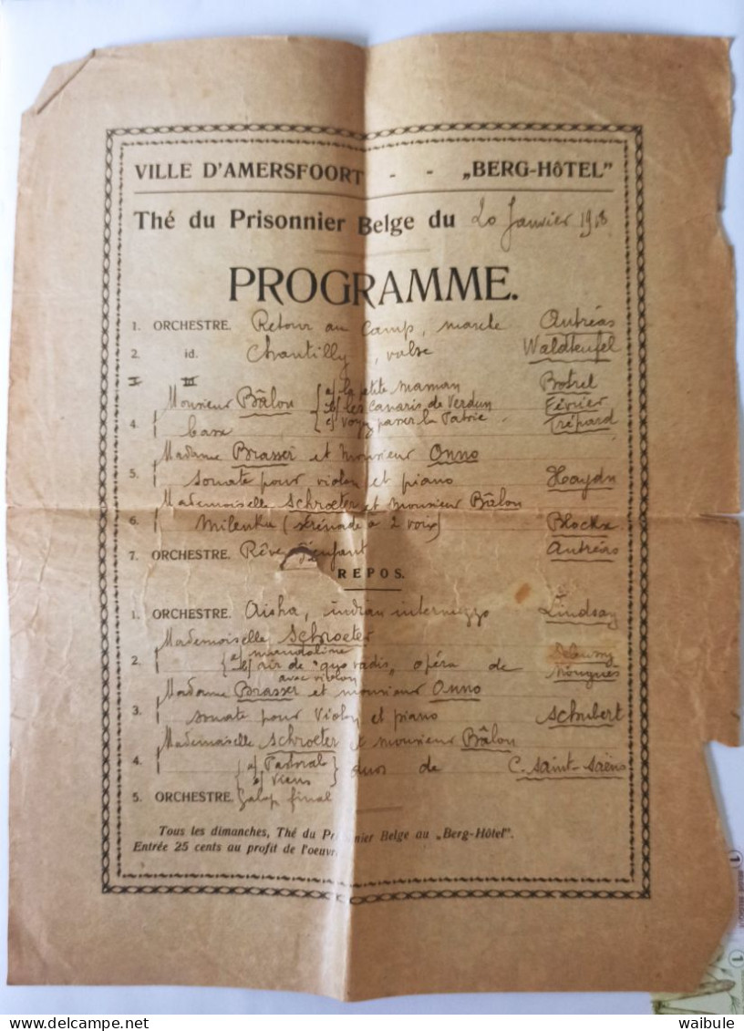 Amersfoort Soldat Prisonnier Belge Programme Thé ... à Berg Hôtel A4 - Documents