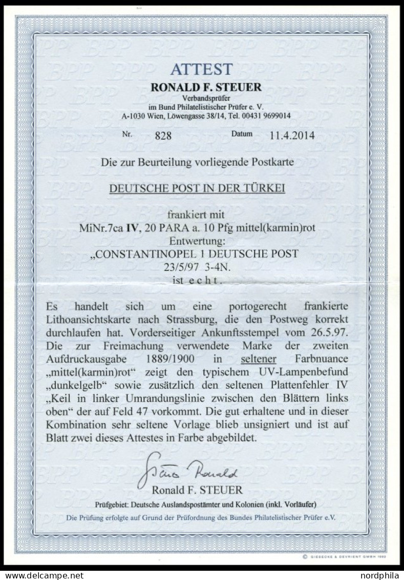 DP TÜRKEI 7caIV BRIEF, 1897, 20 PA Auf 10 Pf. Mittelrot, Dkl`gelb Quarzend, Mit Seltenem Plattenfehler Keil In Linker Um - Deutsche Post In Der Türkei