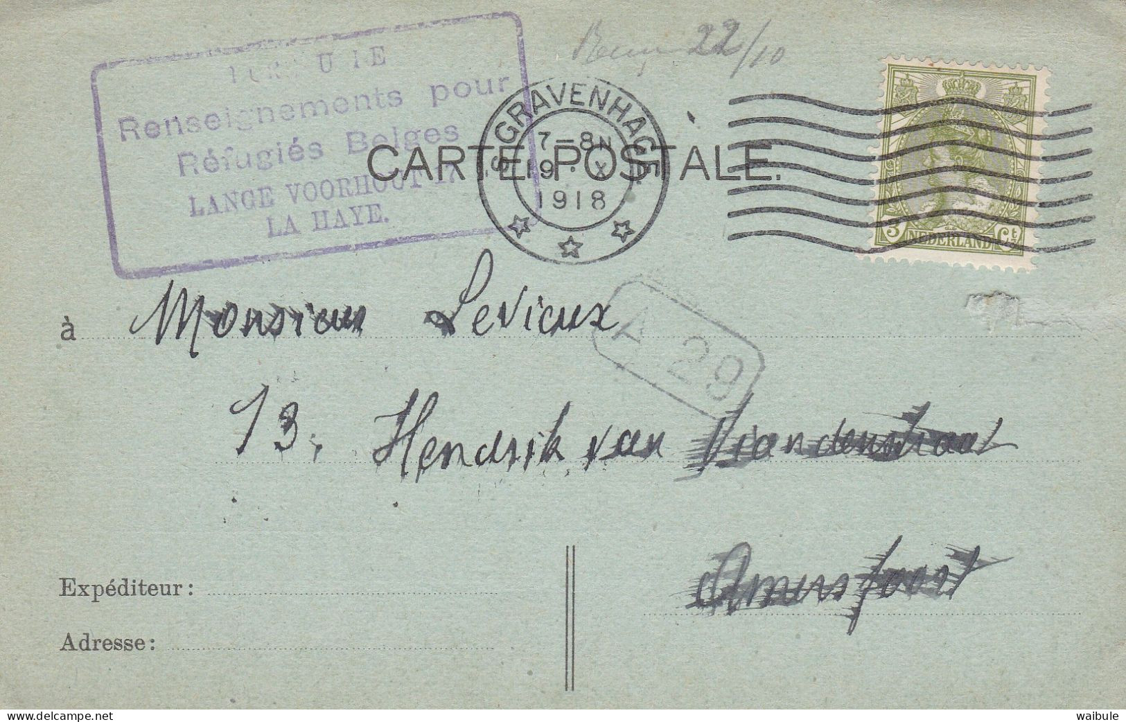 Amersfoort Soldat Prisonnier Belge CP Cachet Renseignements Réfugiés Belges Correspondance Rapide Front - Armada Belga