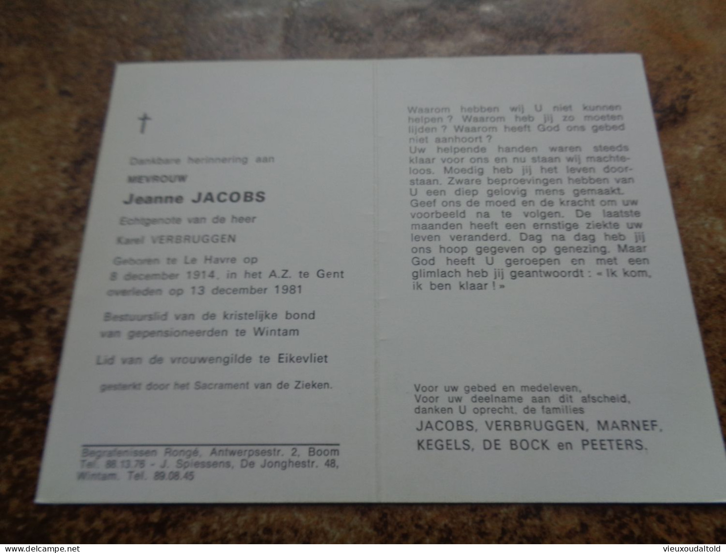 Doodsprentje/Bidprentje  Jeanne JACOBS   Le Havre 1914--1981 Gent  (Echtg Karel VERBRUGGEN) - Religion & Esotérisme