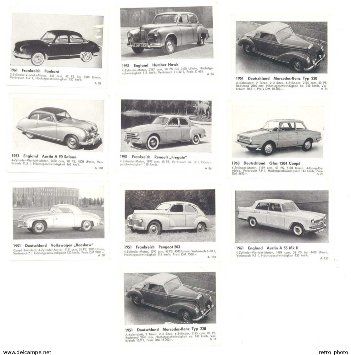 10 Petites Images Automobile : Panhard, Mercédès, Austin, Renault Frégate, Volkswagen Beeskow, Peugeot 203, Glas 1204 .. - Andere & Zonder Classificatie