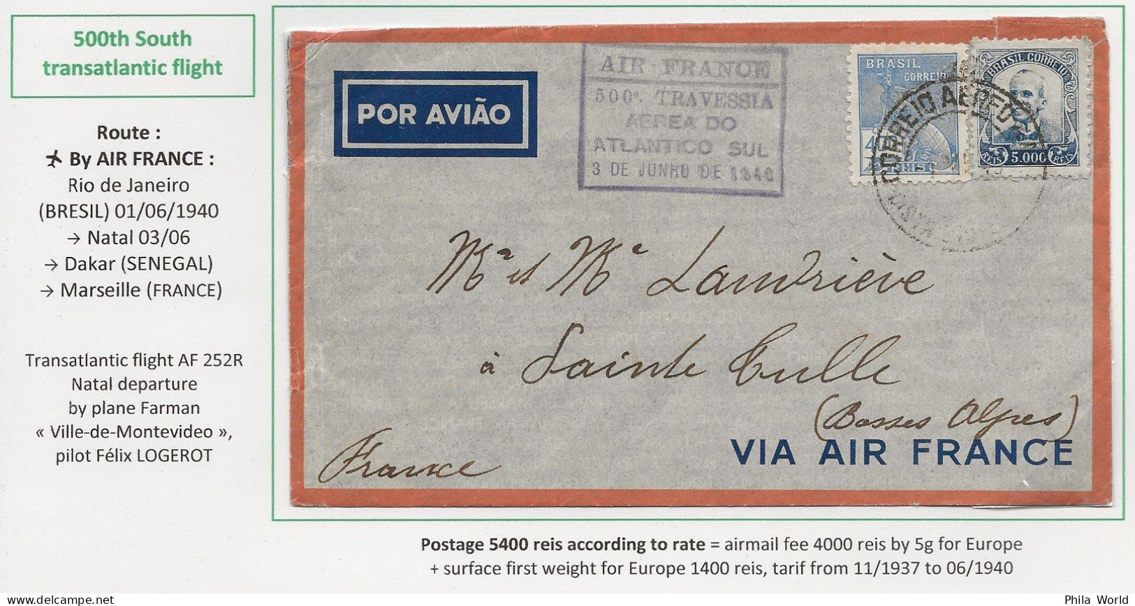 AIR FRANCE 1940 Lettre Par Avion BRESIL FRANCE 500ème Traversée Atlantique Sud 500e Travessia Aerea Do Atlantico Sul - Briefe U. Dokumente