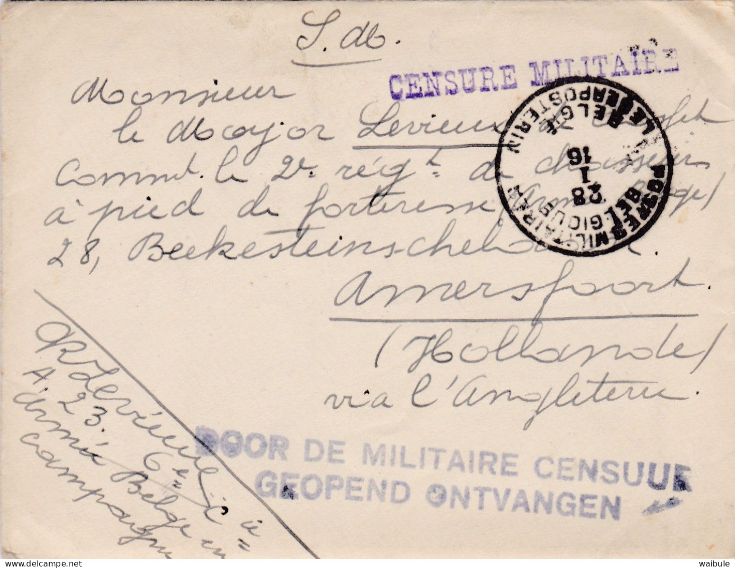 Amersfoort Soldat Prisonnier Belge Triple Censure Militaire En NL/FR Censuur B26 - Armée Belge