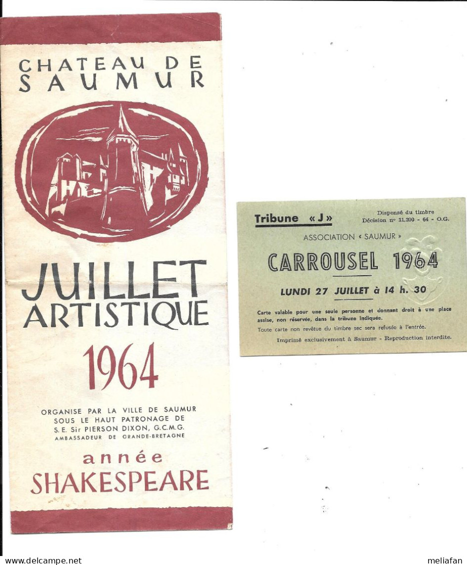 EL21 - FLYER CHATEAU DE SAUMUR - JUILLET ARTISTIQUE 1964 - ANNEE SHAKESPEARE -+ ENTREE CARROUSEL - Dépliants Touristiques