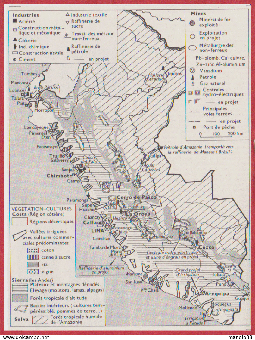 Carte Du Pérou. Carte économique Avec Industries, Mines, Végétation, Culture. Larousse 1960. - Documenti Storici