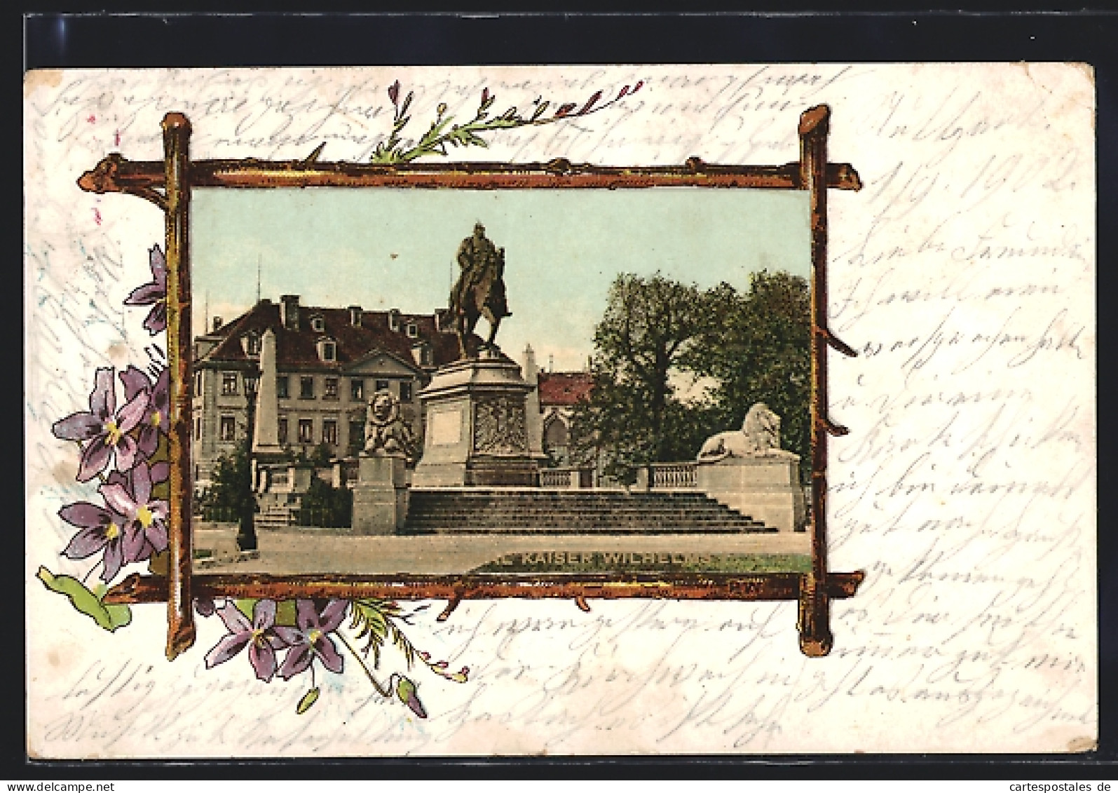 Passepartout-Lithographie Stuttgart, Denkmal Wilhelm I., Blumen  - Stuttgart