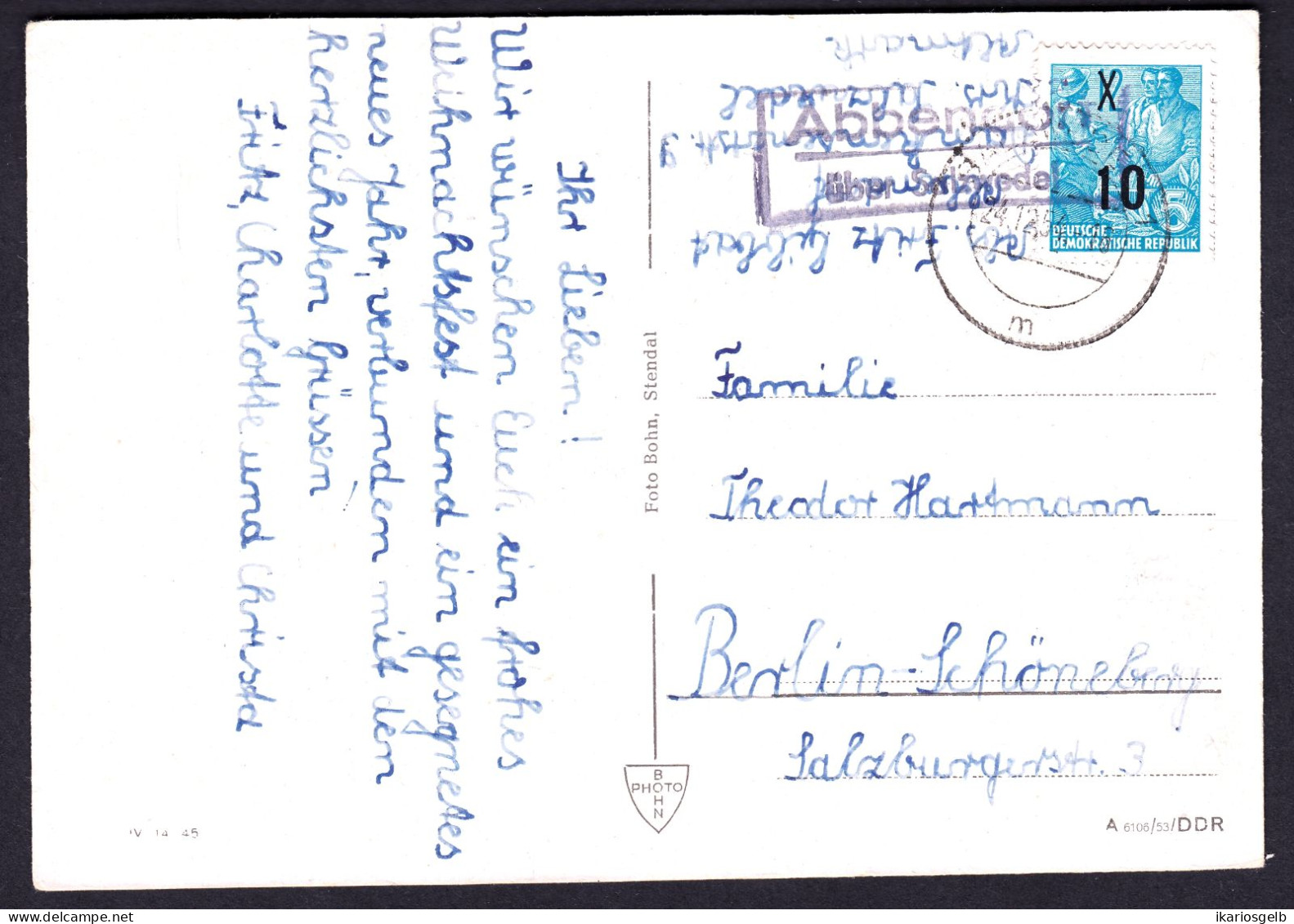 ABBEN über SALZWEDEL = Diesdorf 1954 LANDPOSTSTEMPEL Blau 10auf12Pf-Aufbau Auf Ansichtskarte > B- Schöneberg - Lettres & Documents