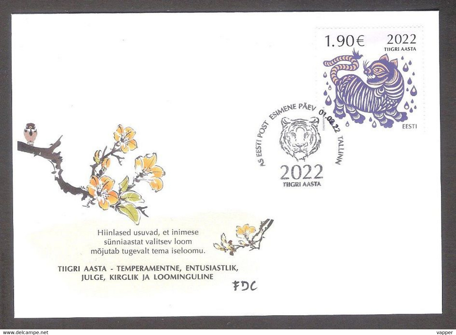 Chinese New Year – Year Of The Tiger 2022 Estonia  Stamp FDC Mi 1034 - Estonie