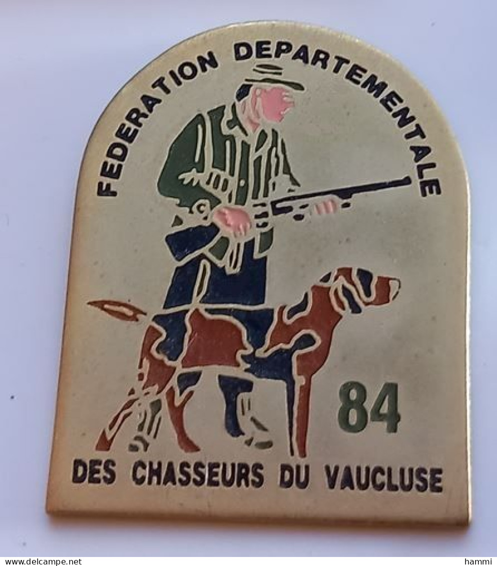 V129 Pin's Fédération Départementale Des Chasseurs Du Vaucluse Chasse Chien épagneul Fusil Achat Immédiat - Animaux