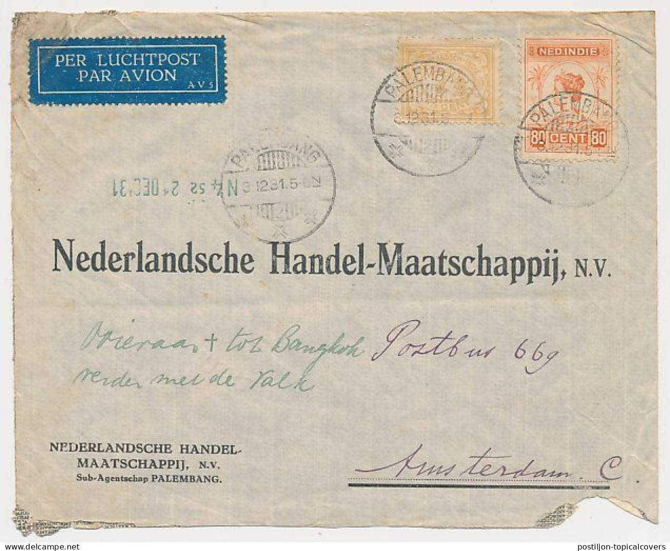 Dutch Crash Mail Ooievaar  - Palembang Netherlands Indies - Bangkok Siam Thailand Amsterdam 1931 - Nierinck 311206 - Netherlands Indies