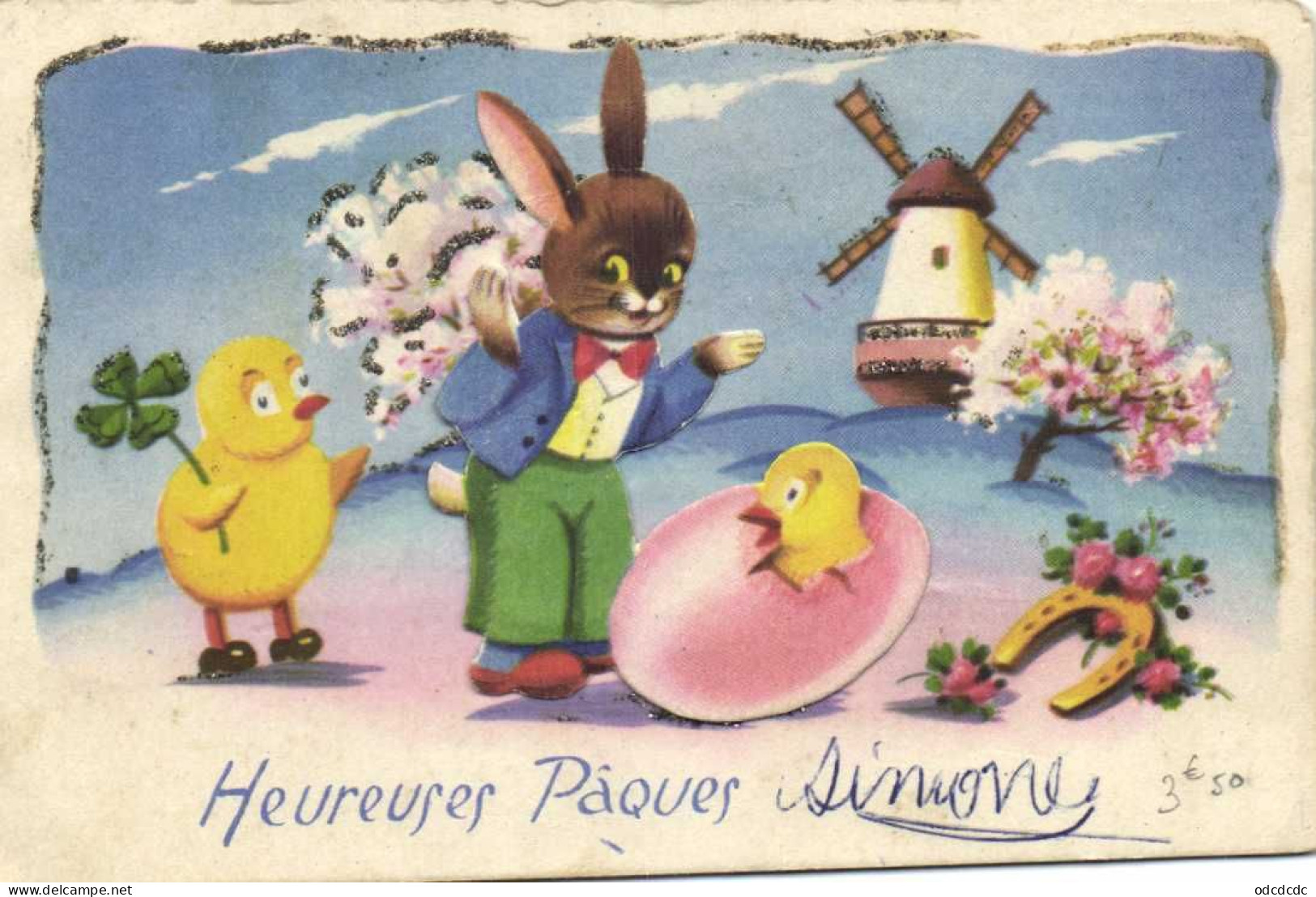 Carte à Systrme Heureuses Paques Poussin Lapin Humanisé Trèfle Fer à Cheval Moulin à Vent RV - Pâques