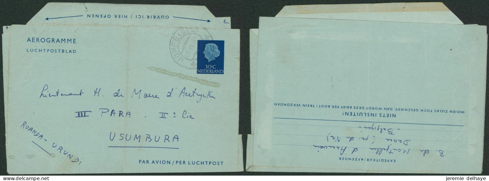 Aérogramme Hollandais 30C Expédié De Joppe (1960, Origine Namur) > Lieutenant à Usumbura (Ruanda-Urundi) - Lettres & Documents