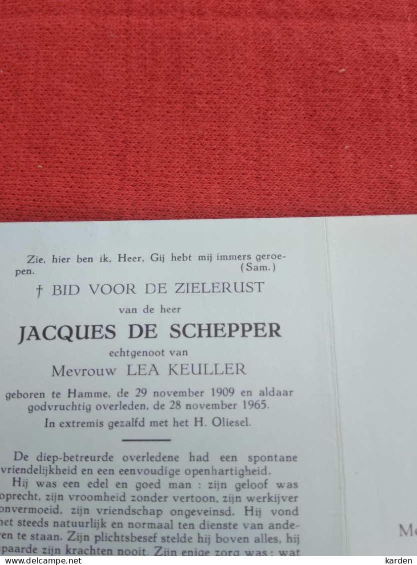 Doodsprentje Jacques De Schepper / Hamme 29/11/1909 - 28/11/1965 ( Lea Keuller ) - Religión & Esoterismo