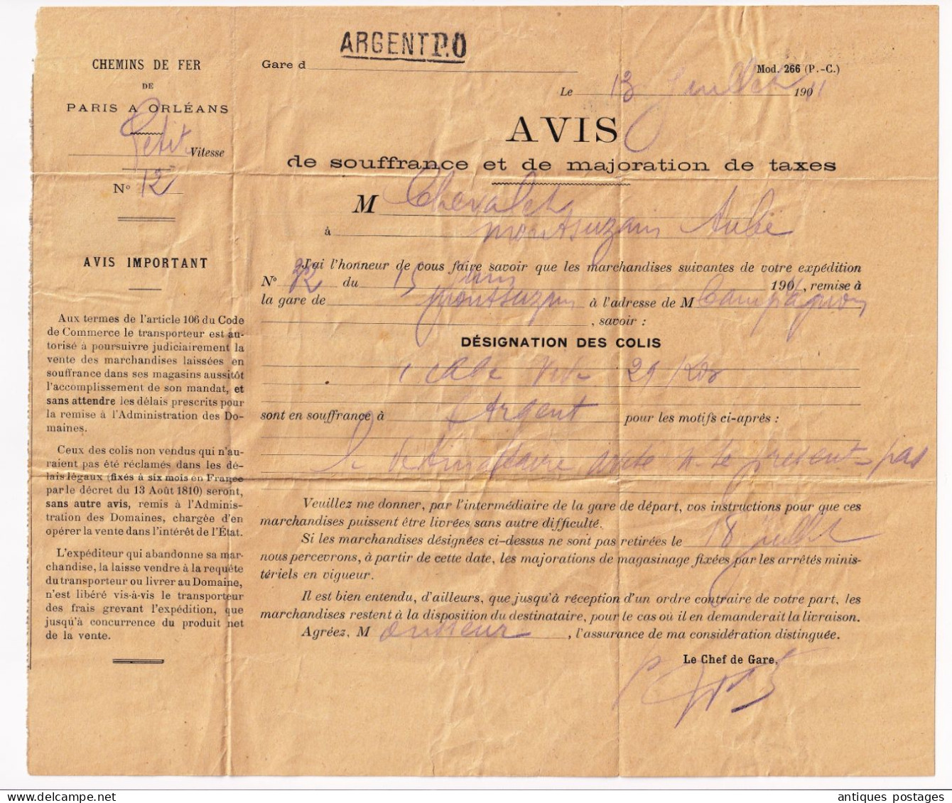 Lettre 1911 Chemin De Fer De Paris à Orléans Les Grandes Chapelles Montsuzian Aube Cachet Convoyeur Argent Gien - Lettres & Documents