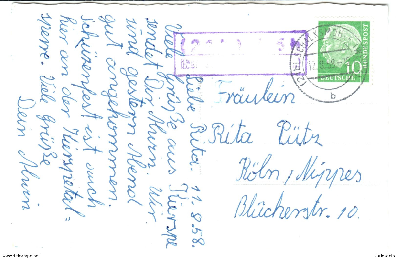 LÖH über SCHALKSMÜHLE = Kierspe 1958 LANDPOSTSTEMPEL Blau 10Pf-HeußI Auf Ansichtskarte VERSETALSPERRE > K- Nippes - Lettres & Documents