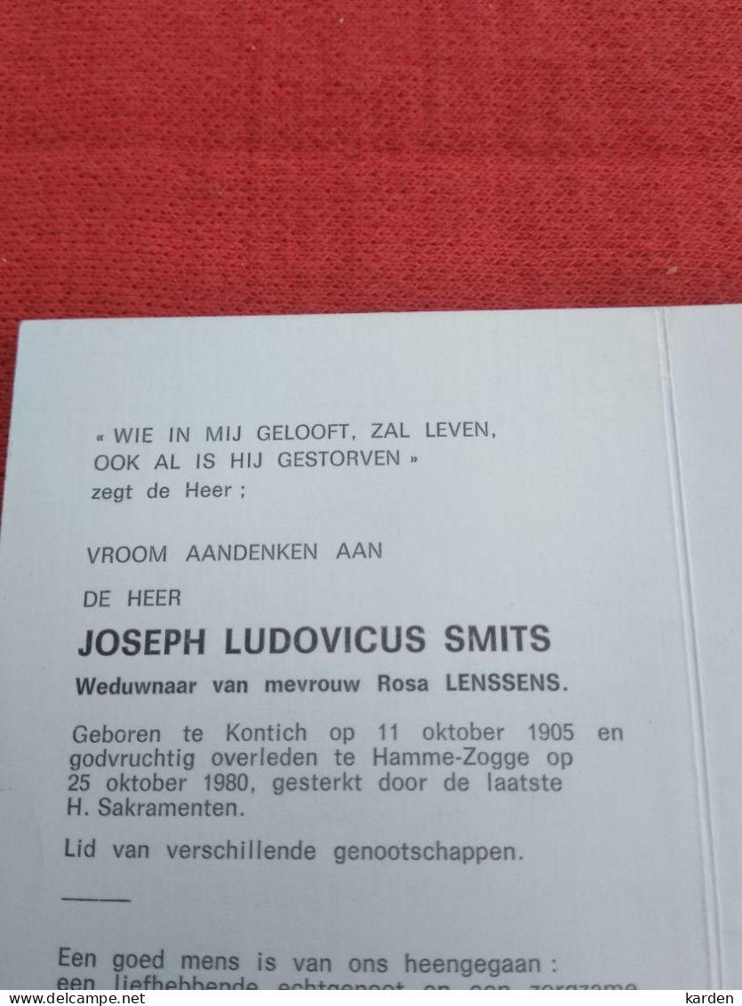 Doodsprentje Joseph Ludovicus Smits / Kontich 11/10/1905 Hamme Zogge 25/10/1980 ( Rosa Lenssens ) - Religión & Esoterismo