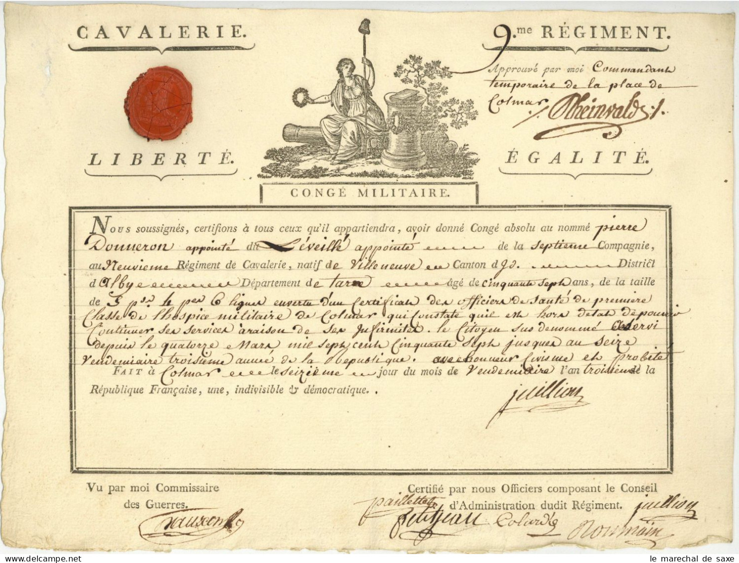 9e Regiment Cavalerie Cuirassiers Colmar 1794 General Rheinwald (1760-1810) Conge Villeneuve - Historische Dokumente