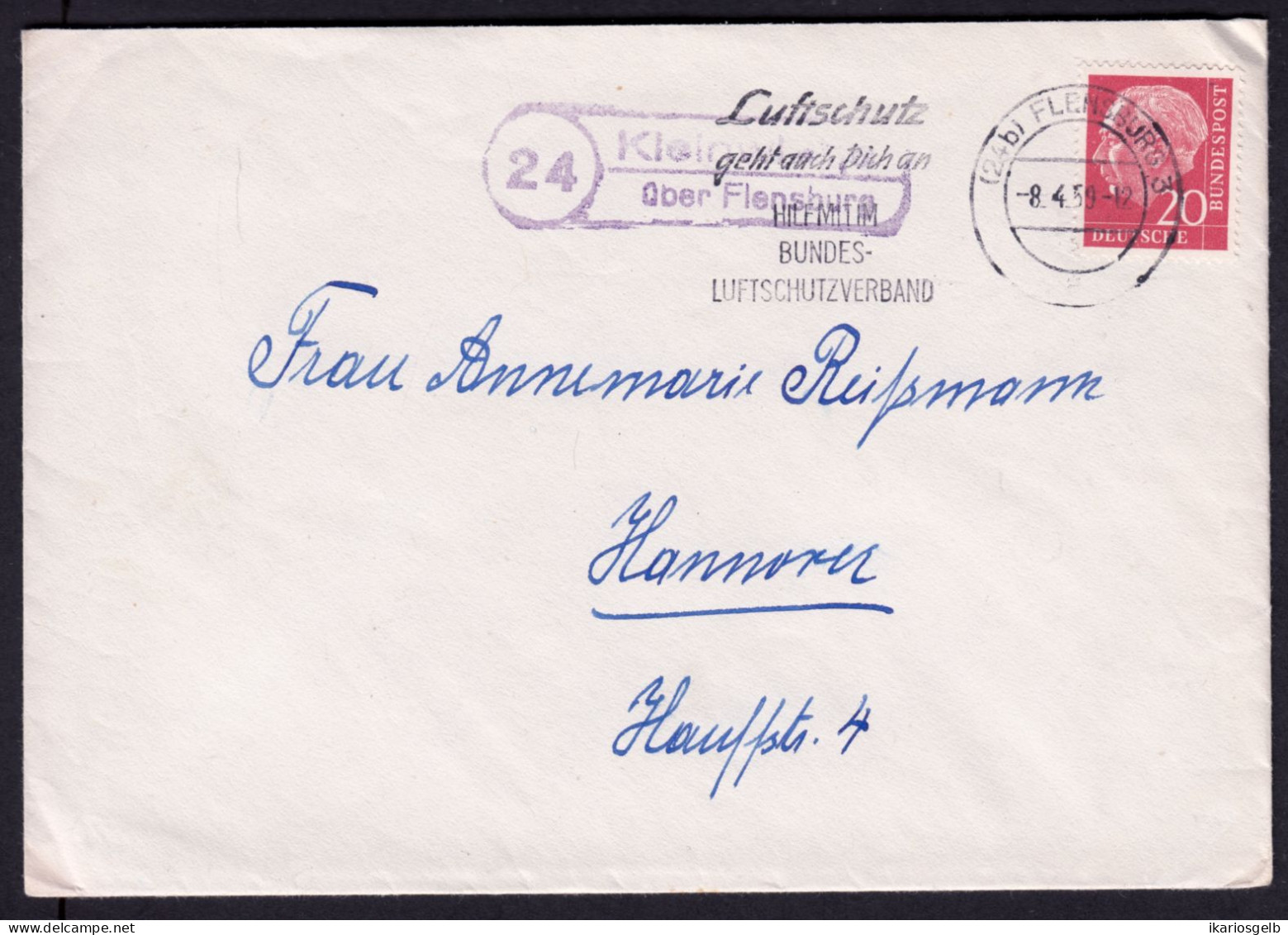 KLEINWIEHE über FLENSBURG = LINDEWITT 1959 LANDPOSTSTEMPEL Blau 20Pf-HeußI Auf Bedarfsbrief > Hannover - Lettres & Documents