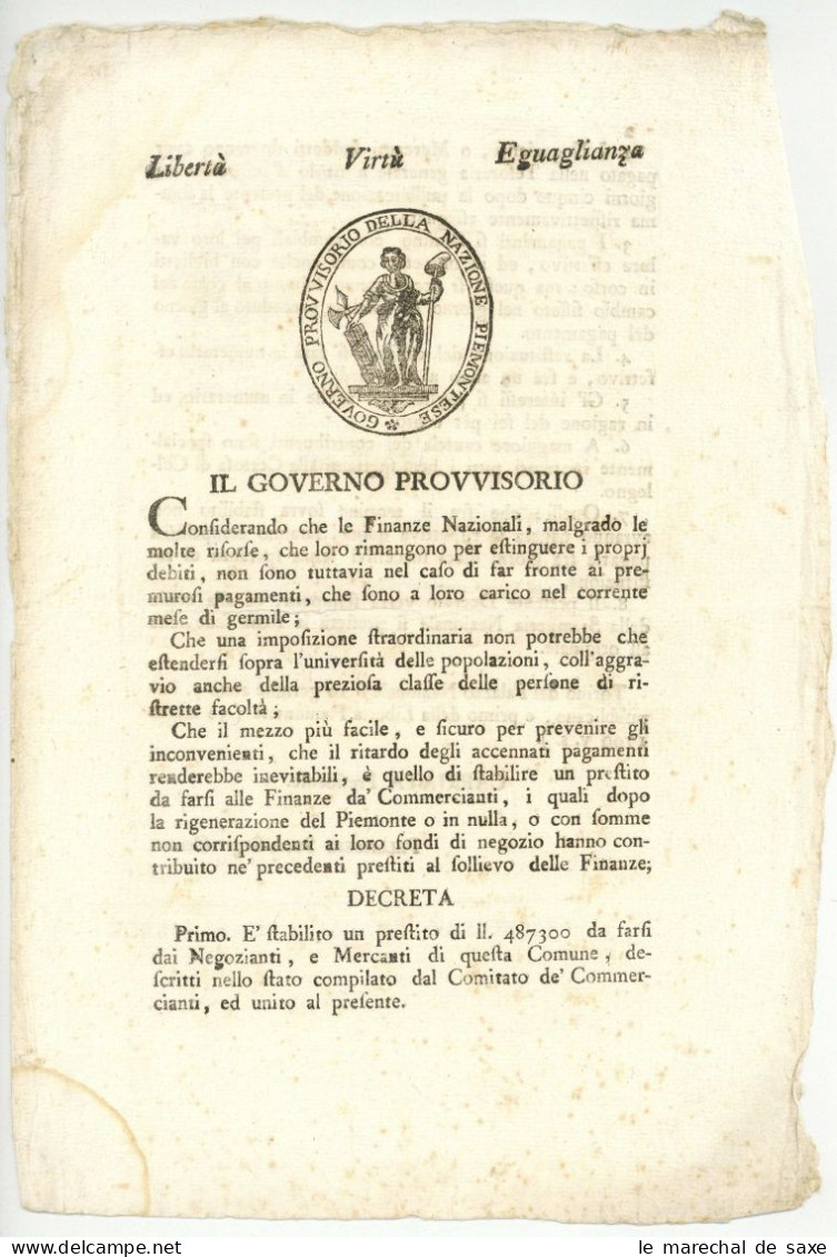 Governo Provvisorio Della Nazione Piemontese Torino Turin Piemont 3 Pp 1799 - Décrets & Lois