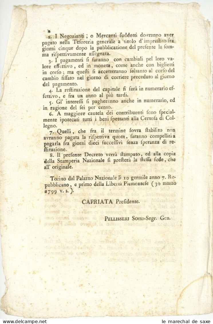 Governo Provvisorio Della Nazione Piemontese Torino Turin Piemont 3 Pp 1799 - Wetten & Decreten