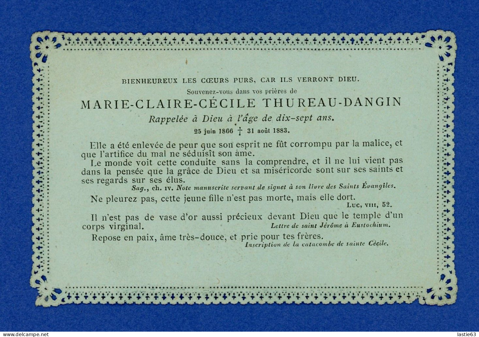 Image  Religieuse   Sainte Cécile   Faire-Part Décés  Marie-Claire-Cécile THUREAU-DANGIN Morte à 17 Ans  31 Août 1883 - Devotion Images