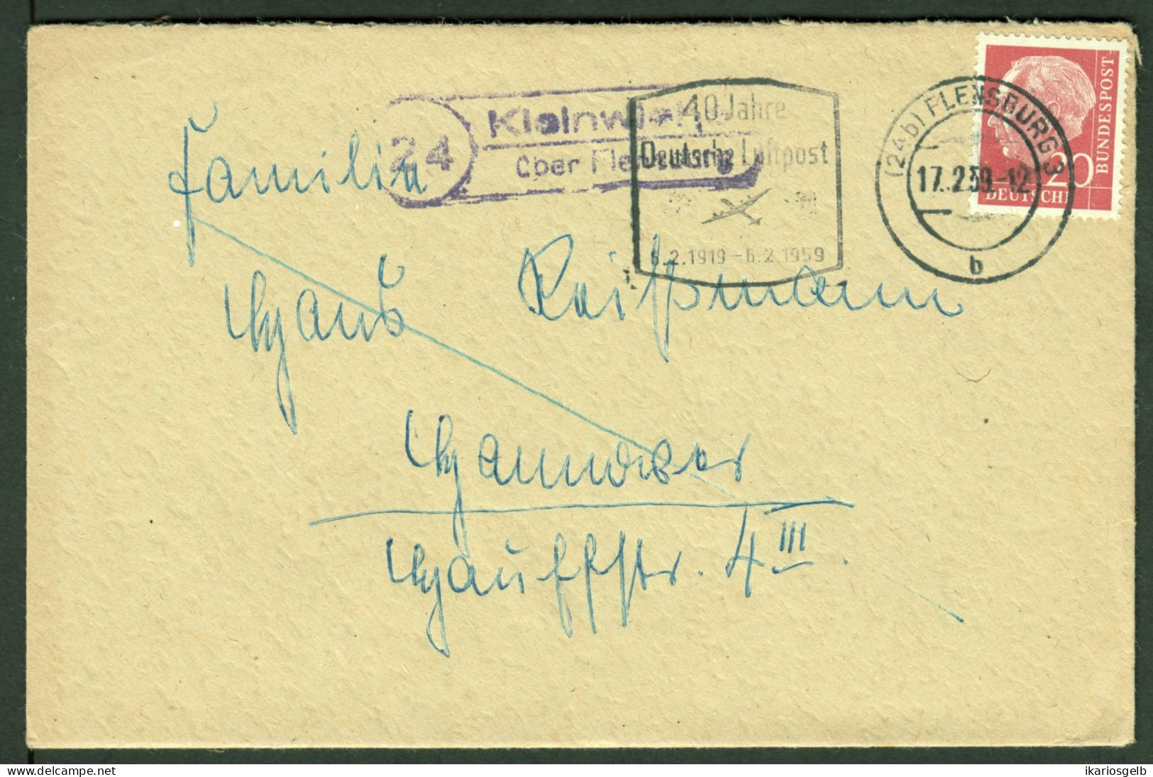KLEINWIEHE über FLENSBURG = LINDEWITT 1959 LANDPOSTSTEMPEL Blau 20Pf-HeußI Auf Bedarfsbrief > Hannover - Briefe U. Dokumente