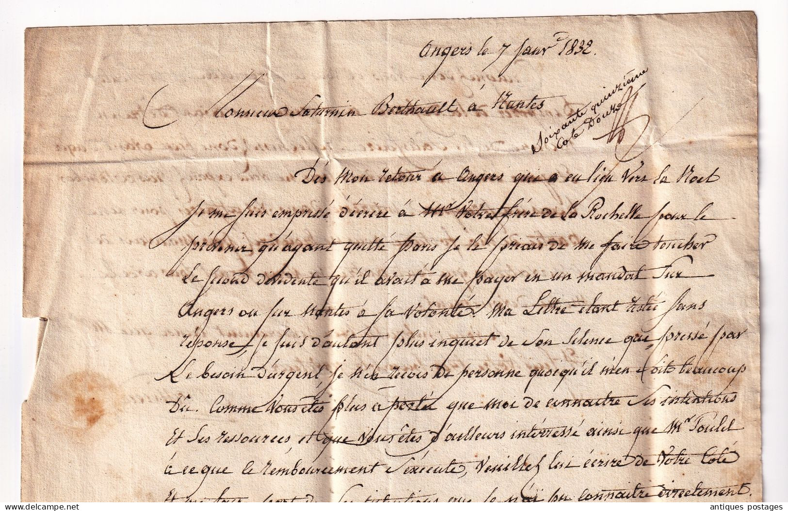 Lettre avec belle correspondance 1832 Angers Maine et Loire pour Nantes Loire Atlantique Saturnin BERTHAULT