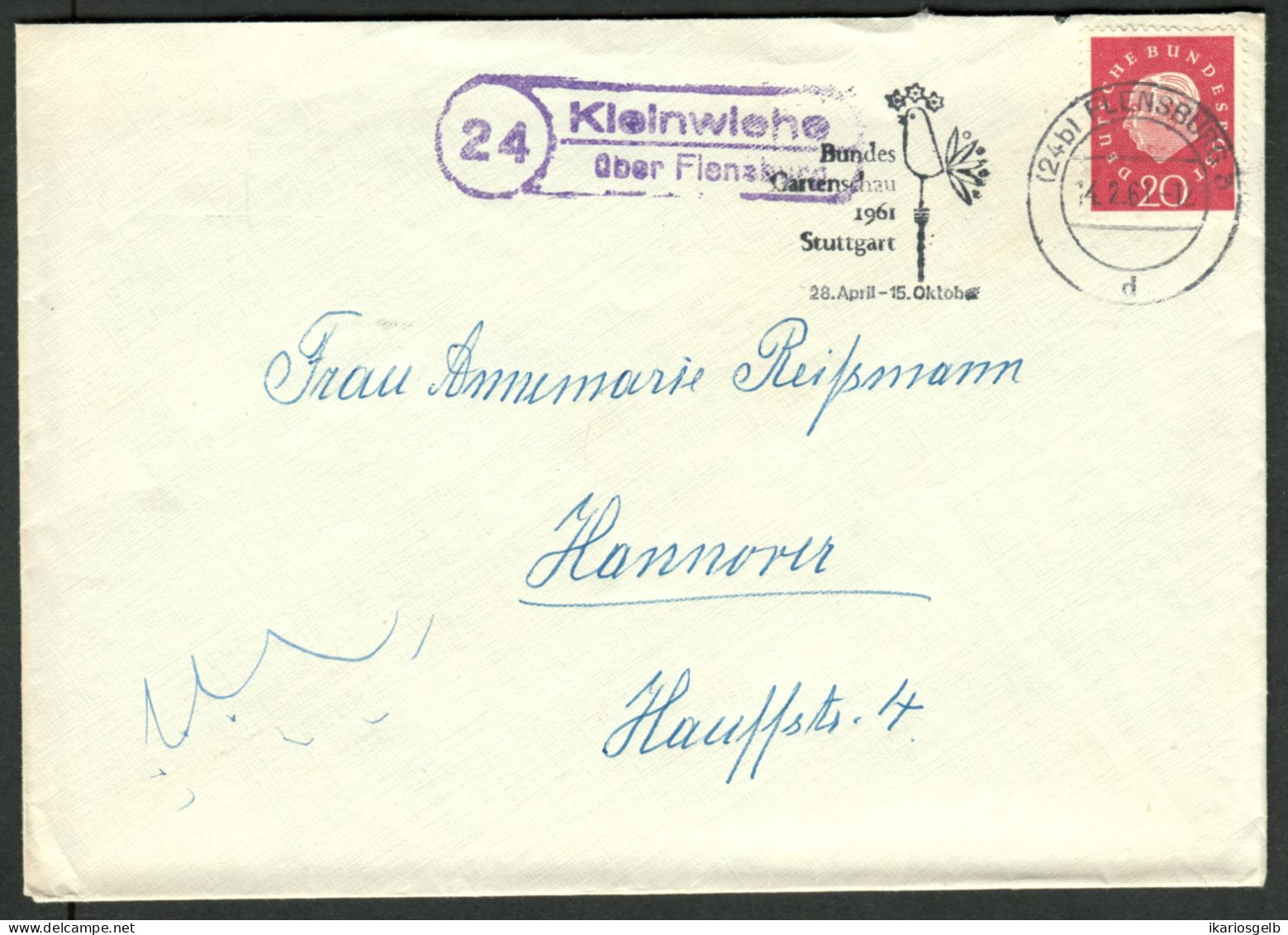KLEINWIEHE über FLENSBURG = LINDEWITT 1961 LANDPOSTSTEMPEL Blau 20Pf-HeußIII Auf Bedarfsbrief > Hannover - Lettres & Documents